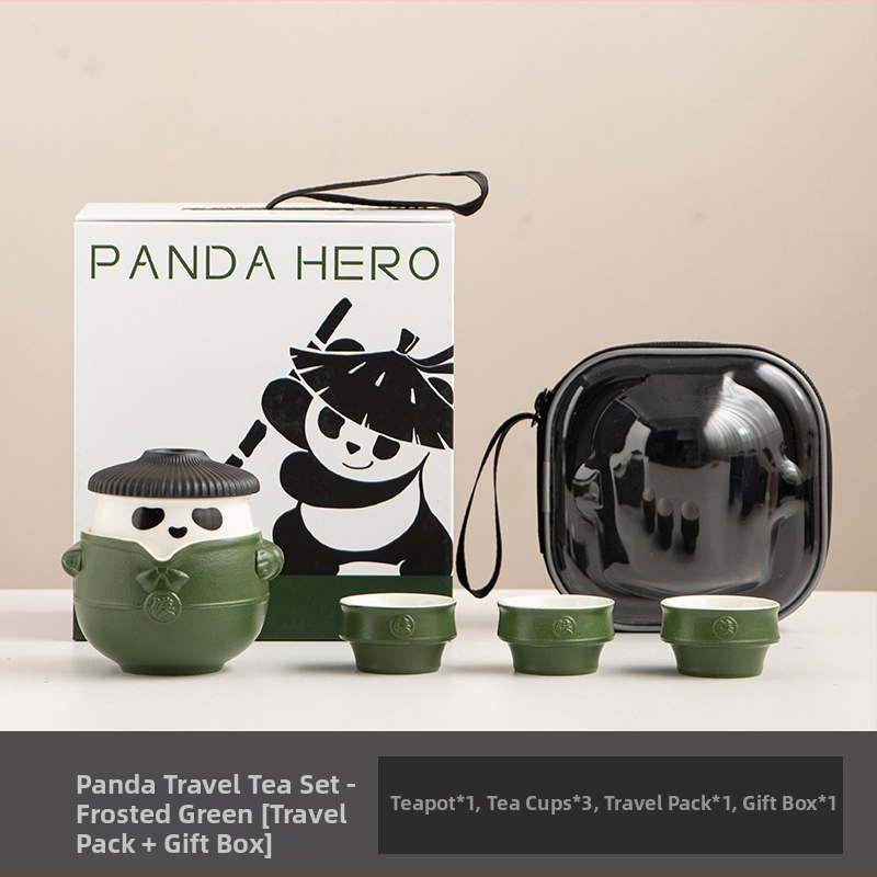 Set de ceai Panda Kung Fu din ceramică, portabil, stil chinezesc, anti-arzare, 1 ceainic și 3 cești, cutie cadou de călătorie