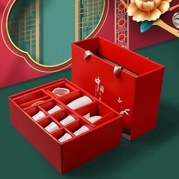 Set de ceai din porțelan alb Dehua, în cutie cadou, cu bol cu capac, pentru 6 persoane