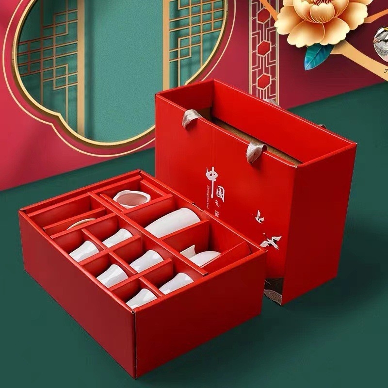 Set de ceai din porțelan alb Dehua, în cutie cadou, cu bol cu capac, pentru 6 persoane