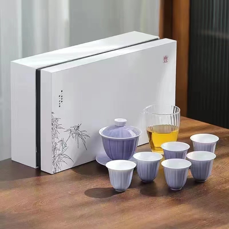 Set de ceai din porțelan alb Dehua, în cutie cadou, cu bol cu capac, pentru 6 persoane