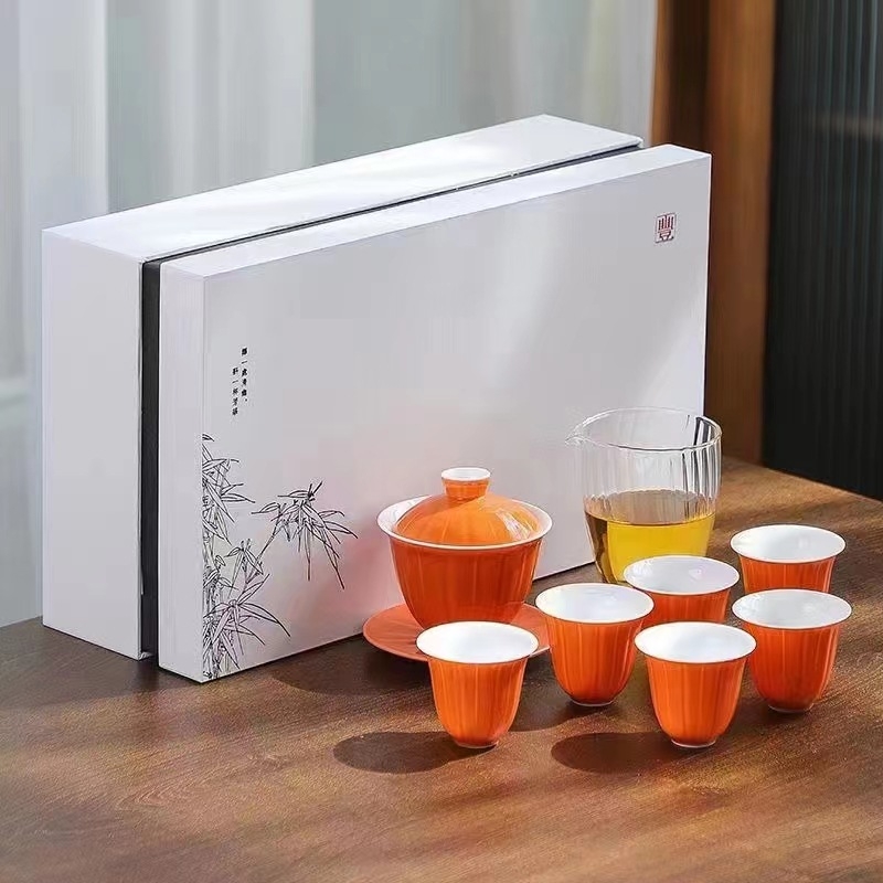 Set de ceai din porțelan alb Dehua, în cutie cadou, cu bol cu capac, pentru 6 persoane