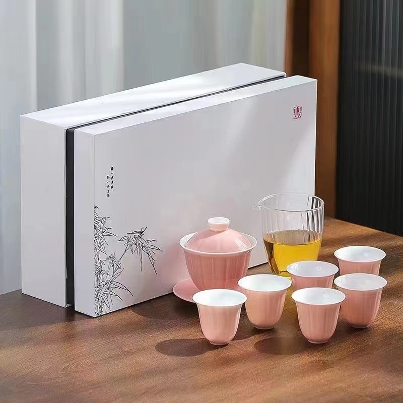Set de ceai din porțelan alb Dehua, în cutie cadou, cu bol cu capac, pentru 6 persoane