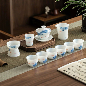 Gaiwan din porțelan pictat manual, în stil jad înghețat, în cutie cadou, set ceramic de ceai cu ceașcă și bol de ceai