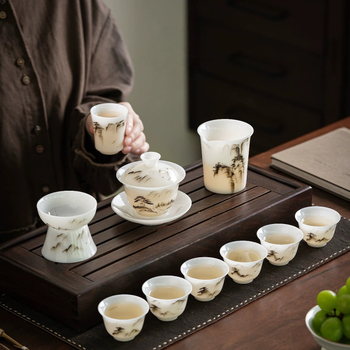 Gaiwan din porțelan pictat manual, în stil jad înghețat, în cutie cadou, set ceramic de ceai cu ceașcă și bol de ceai