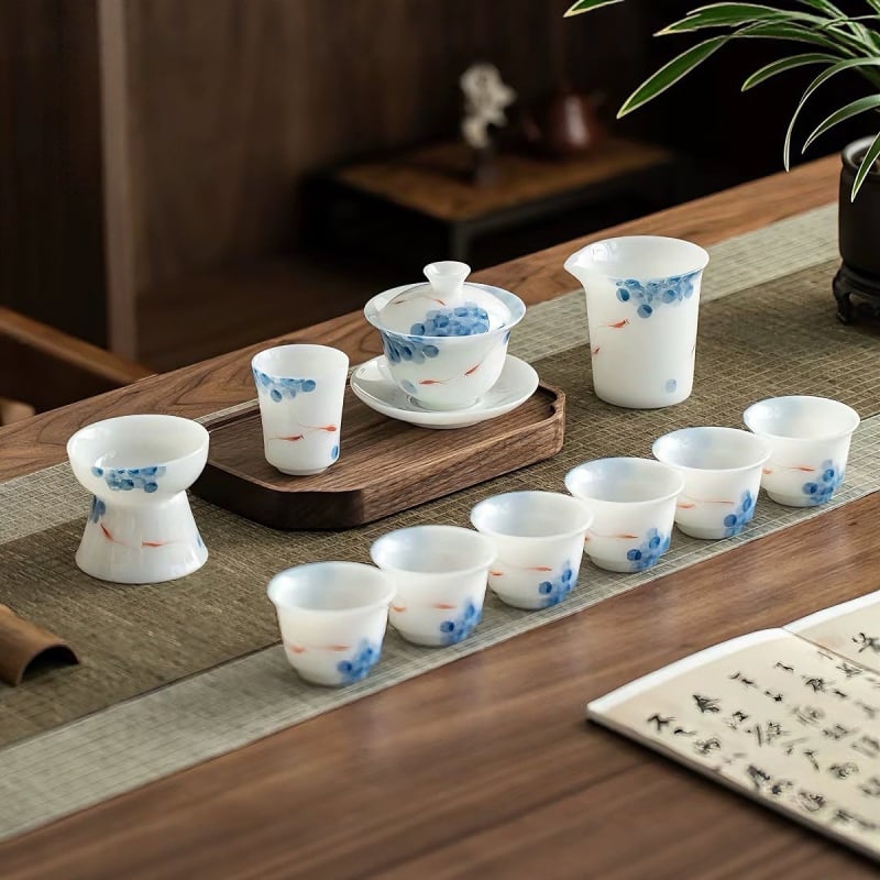 Gaiwan din porțelan pictat manual, în stil jad înghețat, în cutie cadou, set ceramic de ceai cu ceașcă și bol de ceai