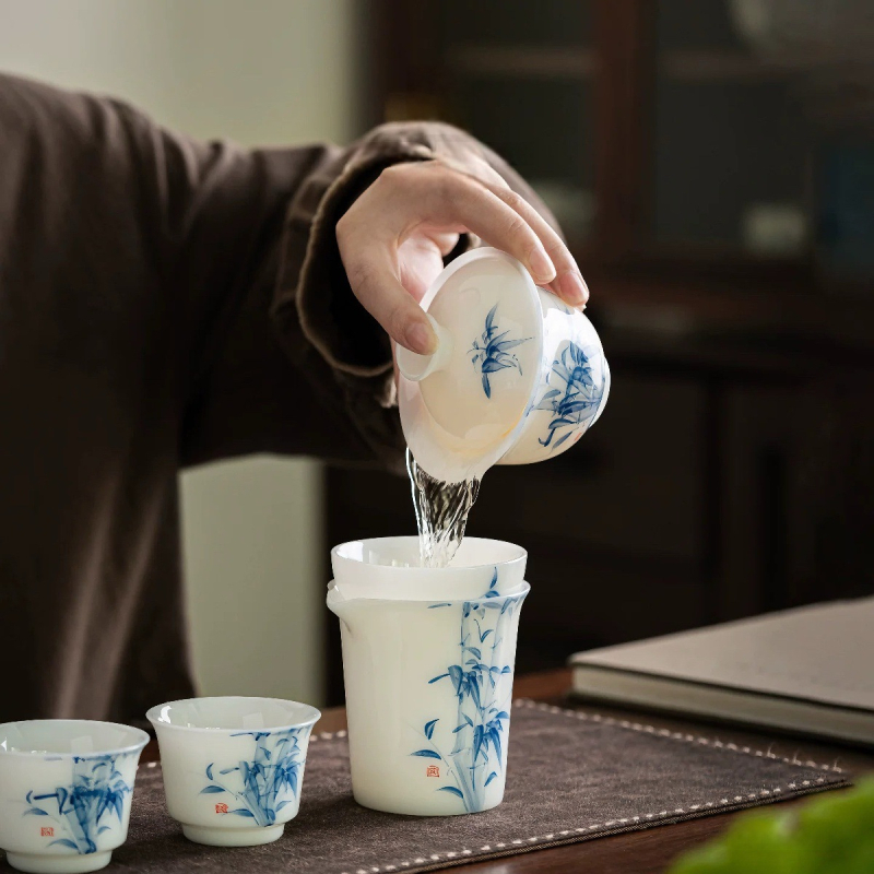 Gaiwan din porțelan pictat manual, în stil jad înghețat, în cutie cadou, set ceramic de ceai cu ceașcă și bol de ceai