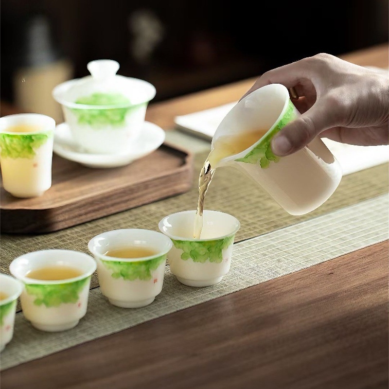 Gaiwan din porțelan pictat manual, în stil jad înghețat, în cutie cadou, set ceramic de ceai cu ceașcă și bol de ceai