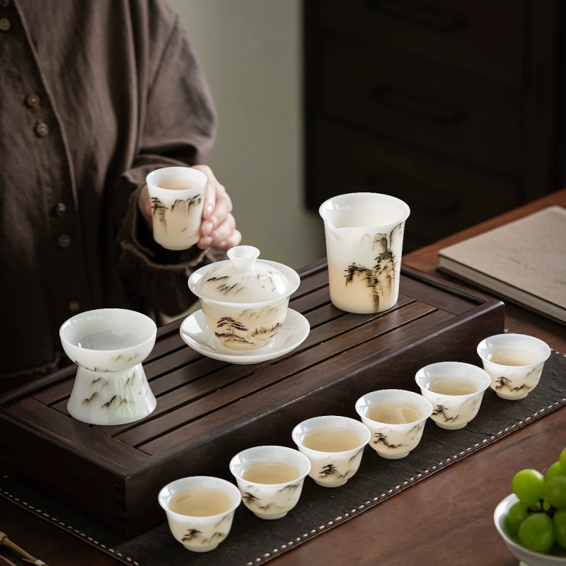 Gaiwan din porțelan pictat manual, în stil jad înghețat, în cutie cadou, set ceramic de ceai cu ceașcă și bol de ceai