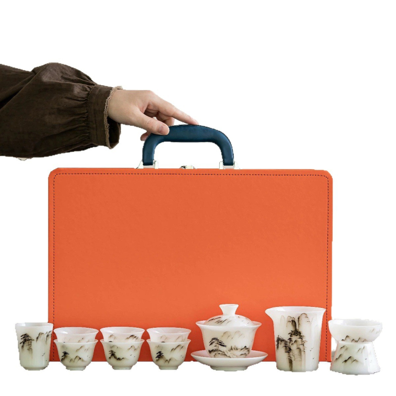 Gaiwan din porțelan pictat manual, în stil jad înghețat, în cutie cadou, set ceramic de ceai cu ceașcă și bol de ceai