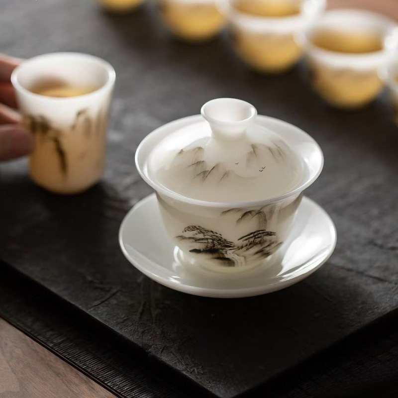 Gaiwan din porțelan pictat manual, în stil jad înghețat, în cutie cadou, set ceramic de ceai cu ceașcă și bol de ceai