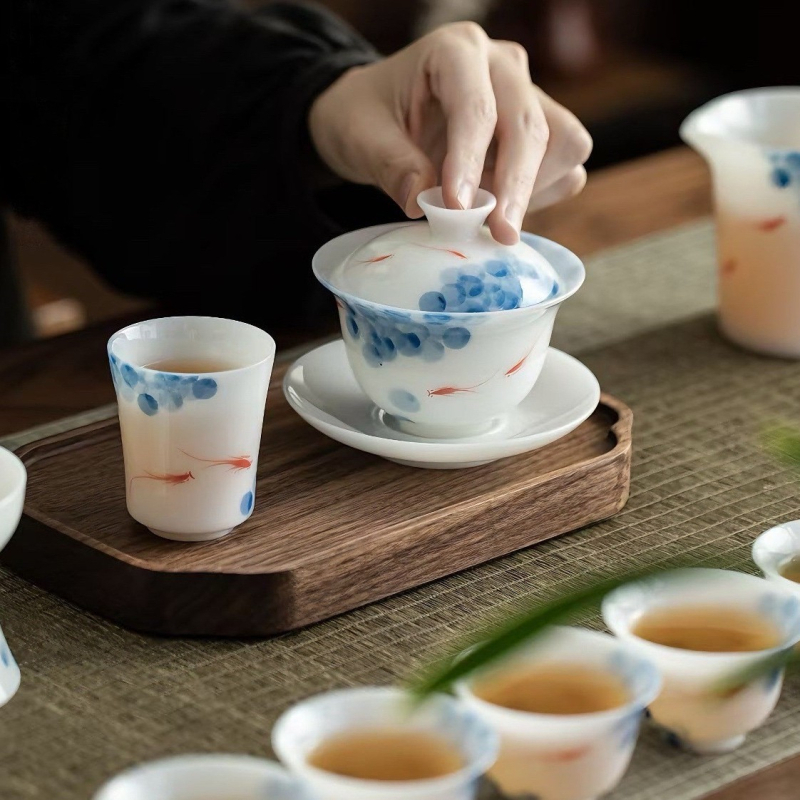 Gaiwan din porțelan pictat manual, în stil jad înghețat, în cutie cadou, set ceramic de ceai cu ceașcă și bol de ceai