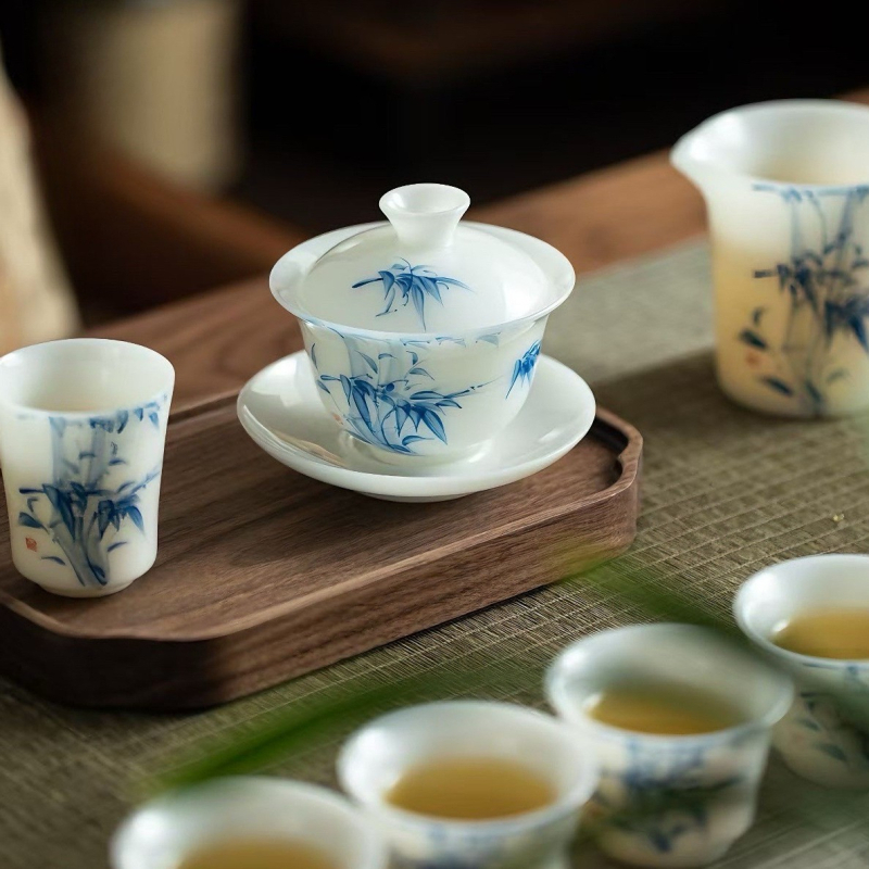 Gaiwan din porțelan pictat manual, în stil jad înghețat, în cutie cadou, set ceramic de ceai cu ceașcă și bol de ceai