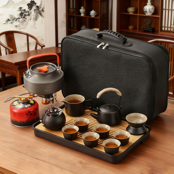 Set ceramic de ceai pentru călătorii și camping, cu ceainic portabil și tavă de ceai din bambus — set complet din ceramică neagră