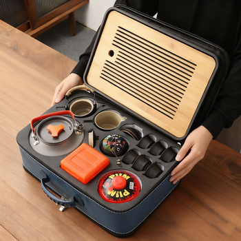 Set ceramic de ceai pentru călătorii și camping, cu ceainic portabil și tavă de ceai din bambus — set complet din ceramică neagră
