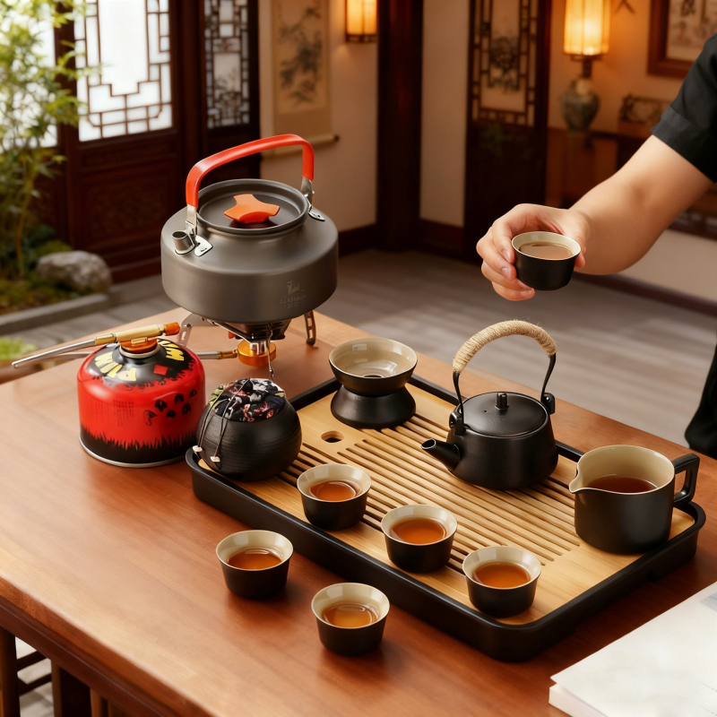 Set ceramic de ceai pentru călătorii și camping, cu ceainic portabil și tavă de ceai din bambus — set complet din ceramică neagră