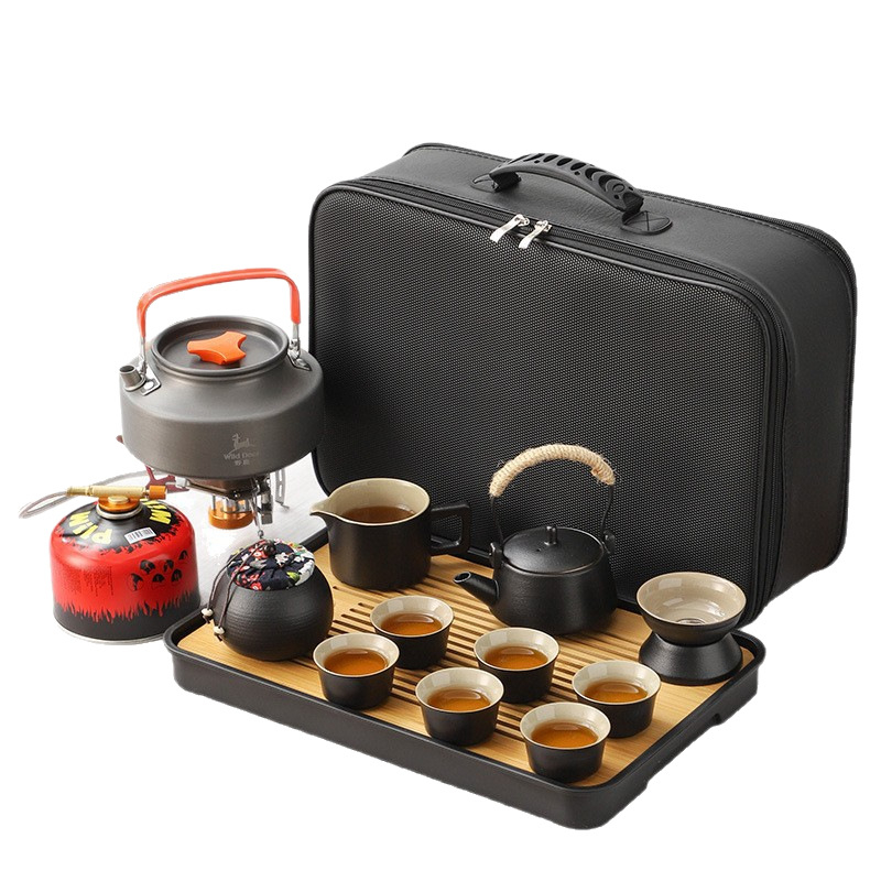 Set ceramic de ceai pentru călătorii și camping, cu ceainic portabil și tavă de ceai din bambus — set complet din ceramică neagră
