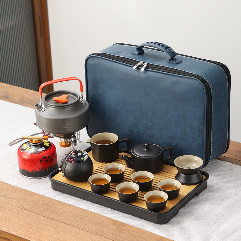 Set ceramic de ceai pentru călătorii și camping, cu ceainic portabil și tavă de ceai din bambus — set complet din ceramică neagră