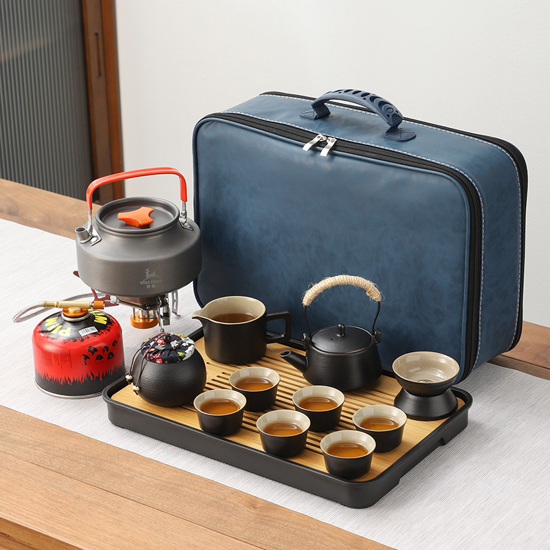 Set ceramic de ceai pentru călătorii și camping, cu ceainic portabil și tavă de ceai din bambus — set complet din ceramică neagră