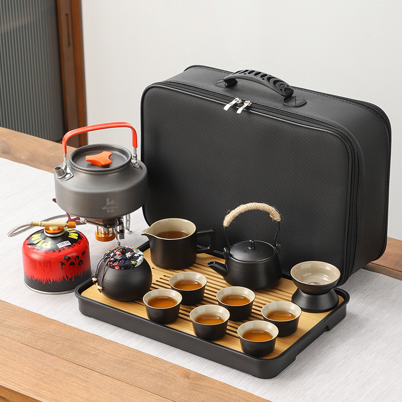 Set ceramic de ceai pentru călătorii și camping, cu ceainic portabil și tavă de ceai din bambus — set complet din ceramică neagră