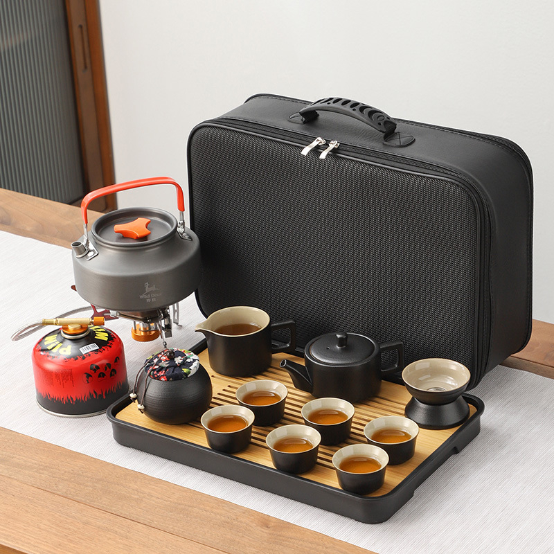 Set ceramic de ceai pentru călătorii și camping, cu ceainic portabil și tavă de ceai din bambus — set complet din ceramică neagră