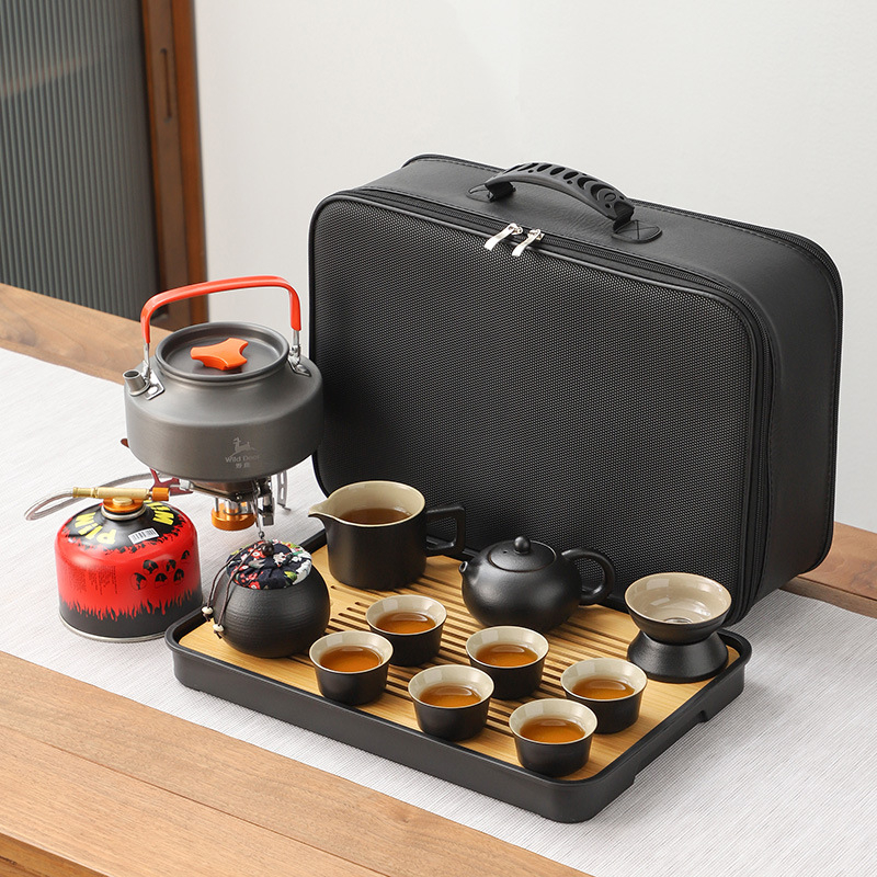 Set ceramic de ceai pentru călătorii și camping, cu ceainic portabil și tavă de ceai din bambus — set complet din ceramică neagră