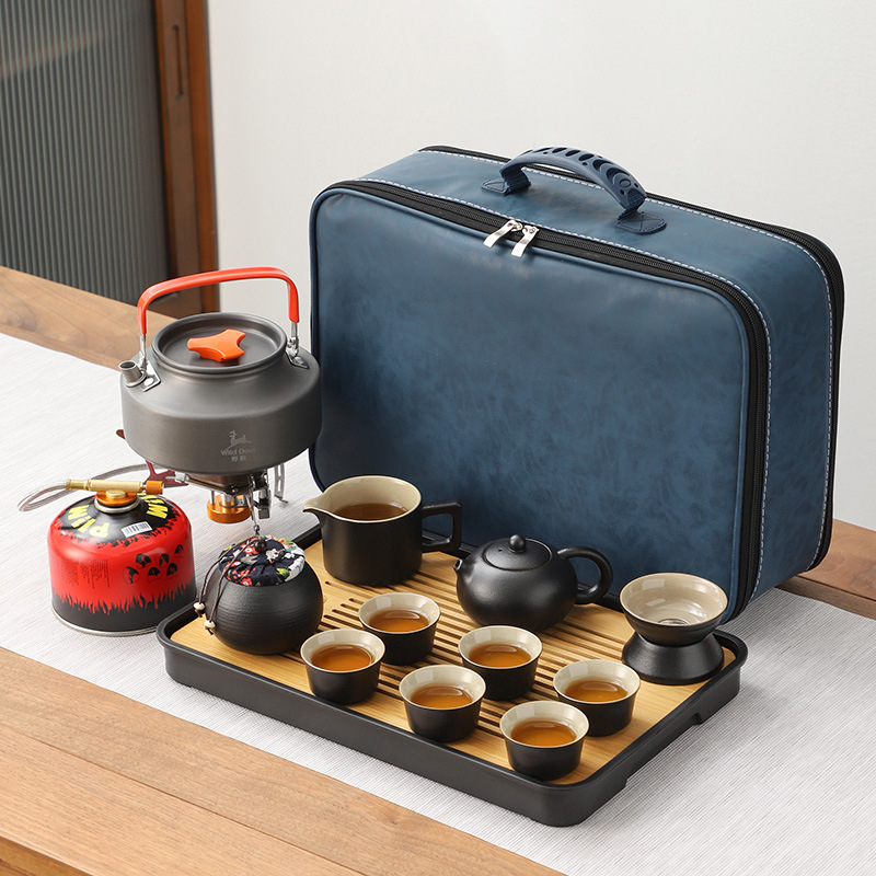 Set ceramic de ceai pentru călătorii și camping, cu ceainic portabil și tavă de ceai din bambus — set complet din ceramică neagră