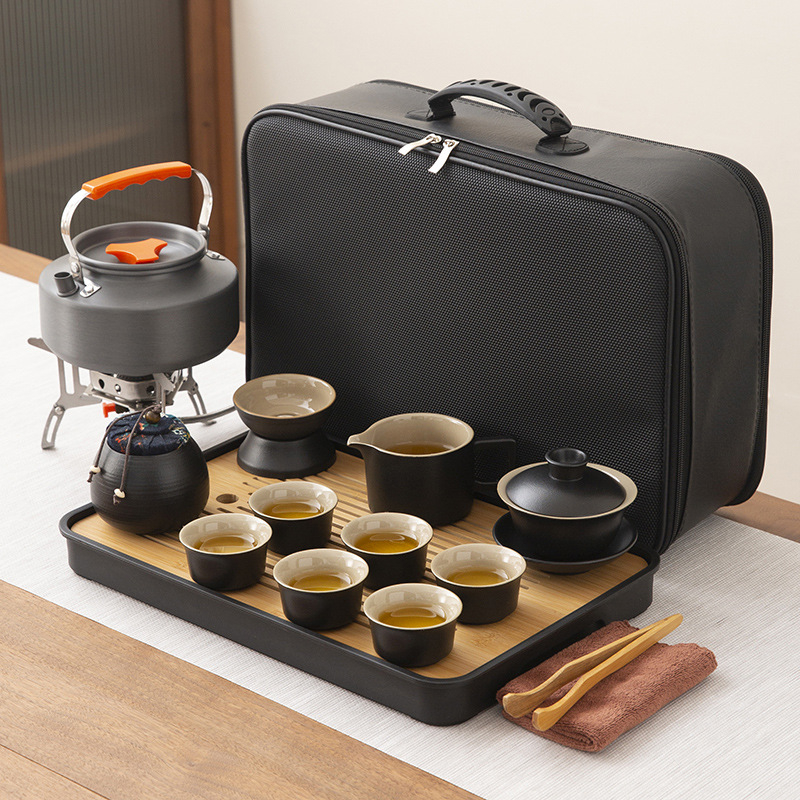 Set ceramic de ceai pentru călătorii și camping, cu ceainic portabil și tavă de ceai din bambus — set complet din ceramică neagră
