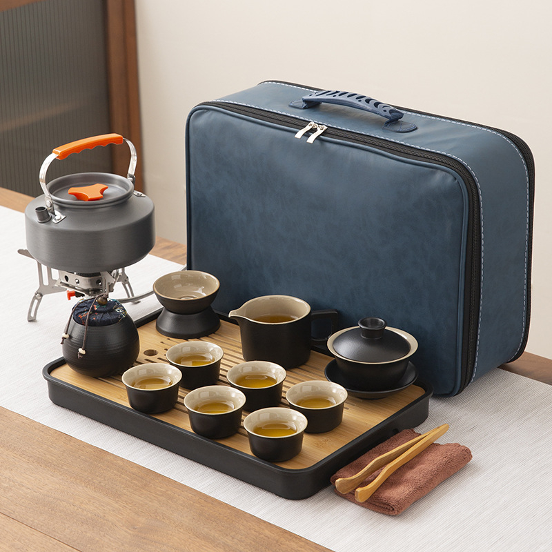 Set ceramic de ceai pentru călătorii și camping, cu ceainic portabil și tavă de ceai din bambus — set complet din ceramică neagră