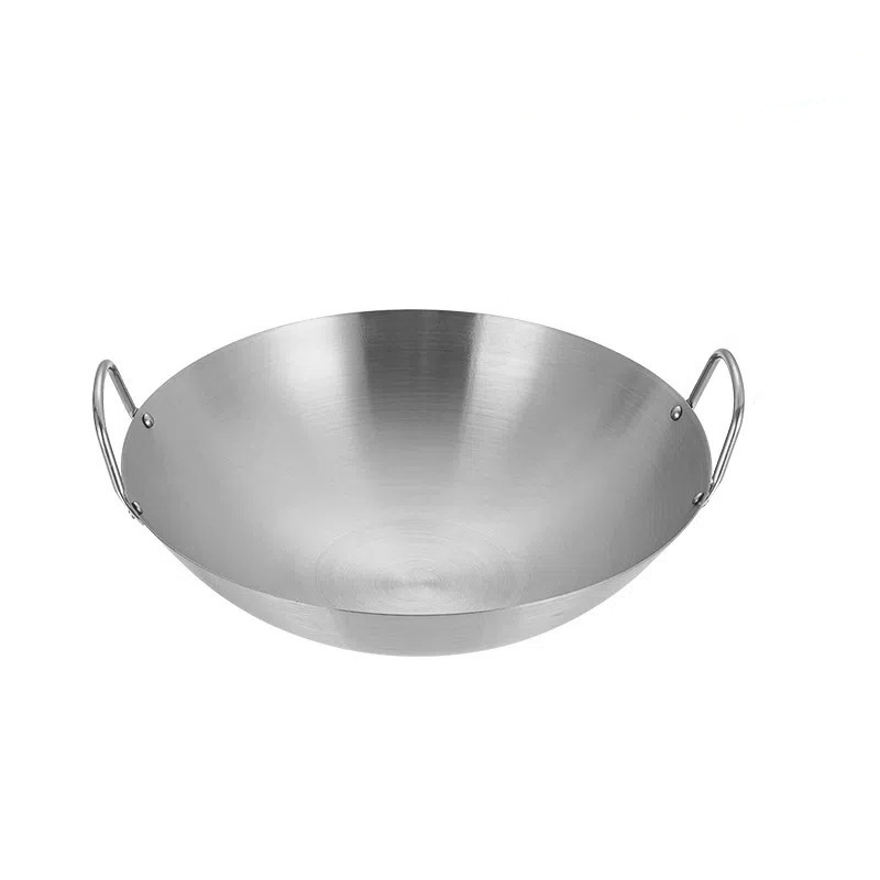Wok mare din oțel inoxidabil, gros, fără strat, cu două mânere, pentru plite cu gaz, distribuție uniformă a căldurii, pentru uz casnic și comercial, construcție monobloc