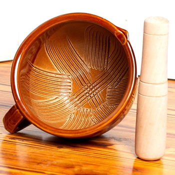 Mojar ceramic mare în stil vechi, zdrobitor manual pentru usturoi și ardei, ustensilă de bucătărie