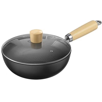 Wok din fontă mini pentru o singură persoană, fără strat, stil japonez, capac din sticlă, compatibil cu plitele cu inducție și gaz