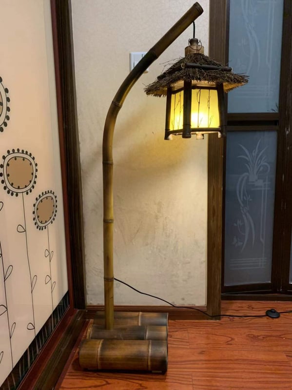Lampă chineză antic mov din bambus, lampă din bambus realizată manual, decor pentru ceainărie veche, fermă și grădină, veioză de podea din bambus