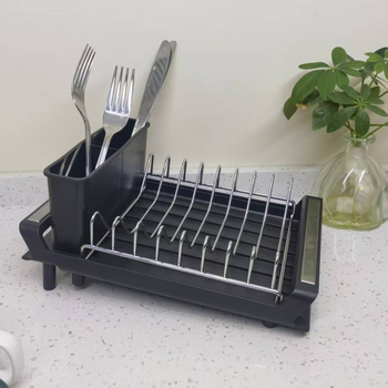 Raft de depozitare din plastic pentru boluri și bețișoare, negru, pe blat de bucătărie