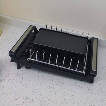 Raft de depozitare din plastic pentru boluri și bețișoare, negru, pe blat de bucătărie