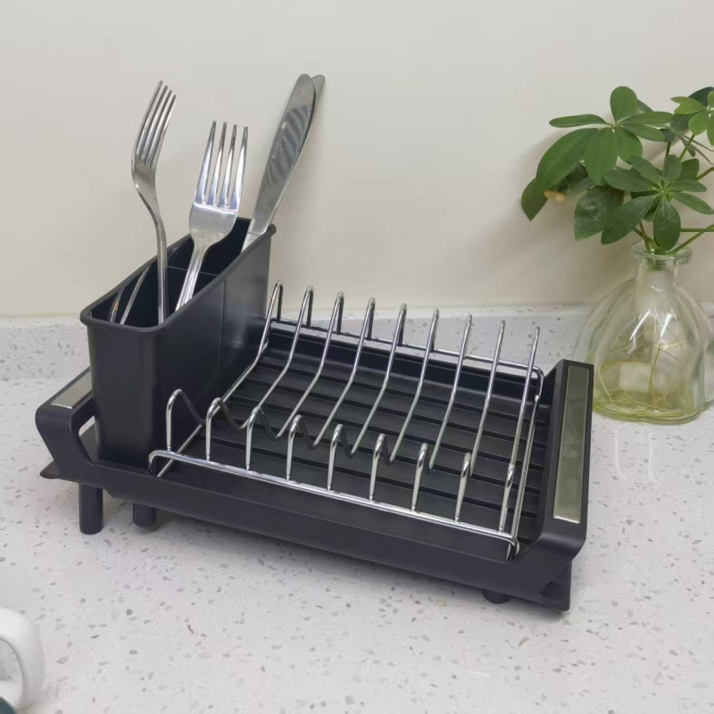 Raft de depozitare din plastic pentru boluri și bețișoare, negru, pe blat de bucătărie