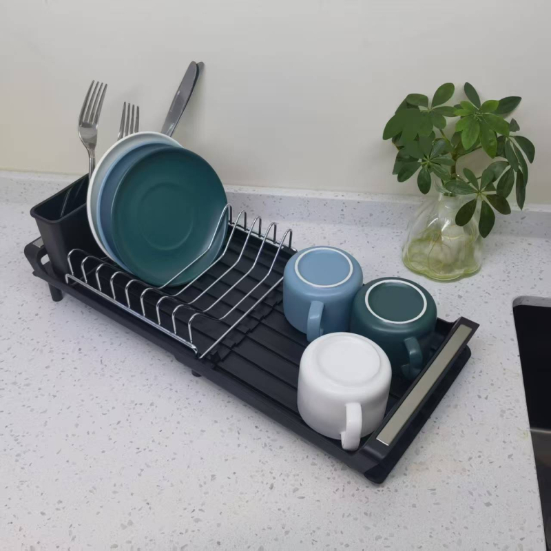 Raft de depozitare din plastic pentru boluri și bețișoare, negru, pe blat de bucătărie