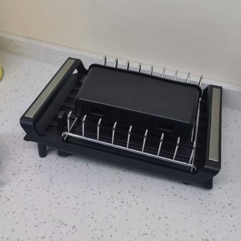 Raft de depozitare din plastic pentru boluri și bețișoare, negru, pe blat de bucătărie