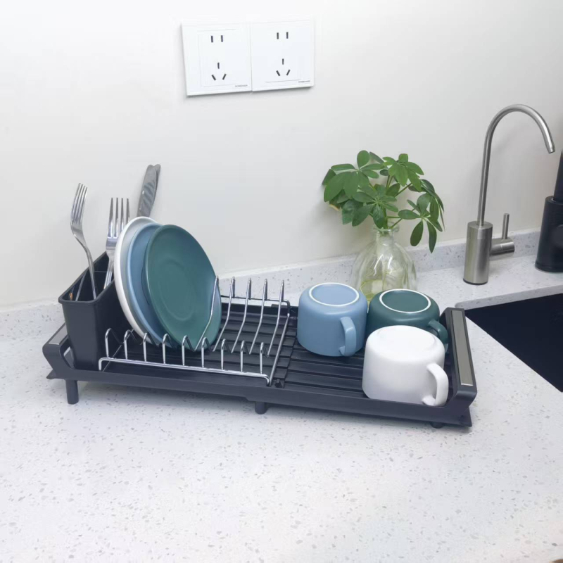 Raft de depozitare din plastic pentru boluri și bețișoare, negru, pe blat de bucătărie