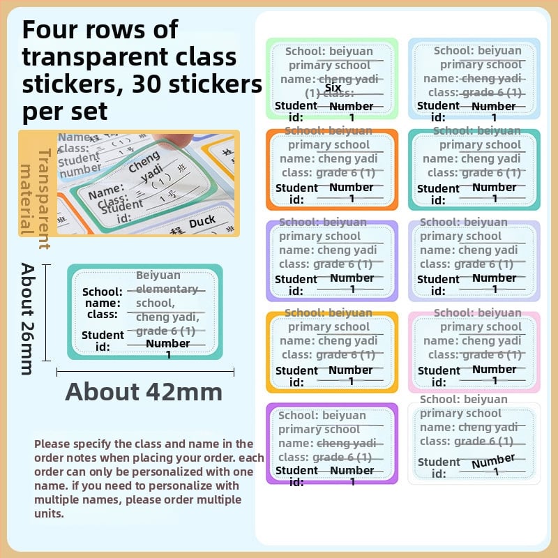Etichete cu nume transparente pentru elevi din învățământ primar, impermeabile, autocolante cu desene animate, personalizabile