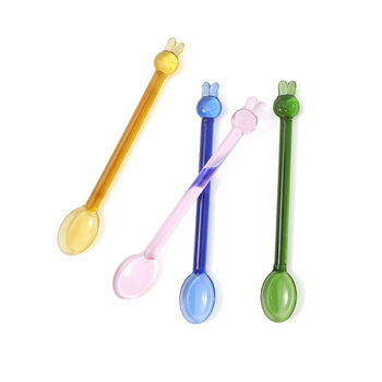 Lingură de sticlă nouă cu iepuraș desen animat, bețișor de amestec colorat, design drăguț și creativ, mâner lung, pentru sucuri și cafea.
