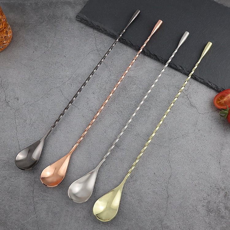 Bețișor de amestecare din oțel inoxidabil, mâner lung, formă de picătură de apă, pentru cocktailuri, cafea și ceai cu lapte; lingură de bar din metal