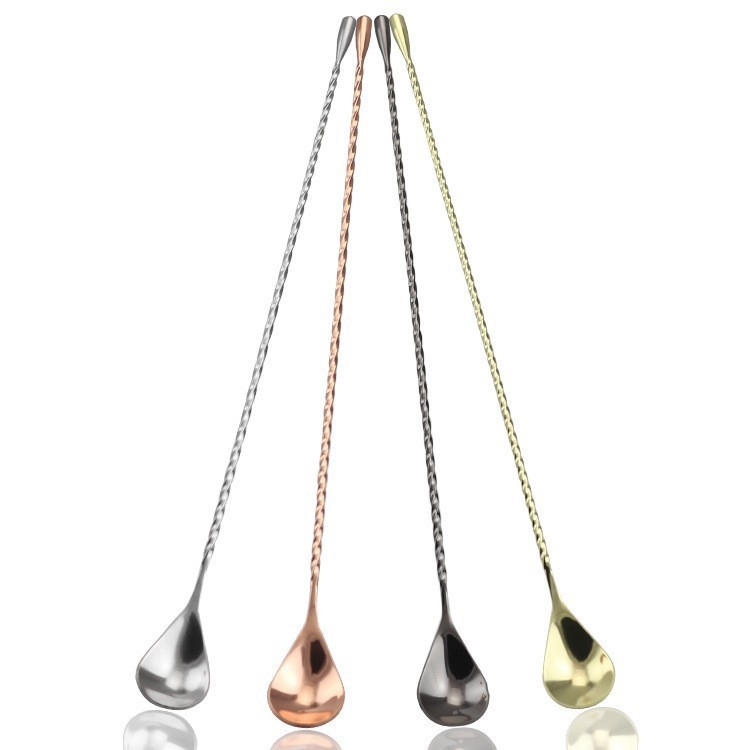 Bețișor de amestecare din oțel inoxidabil, mâner lung, formă de picătură de apă, pentru cocktailuri, cafea și ceai cu lapte; lingură de bar din metal