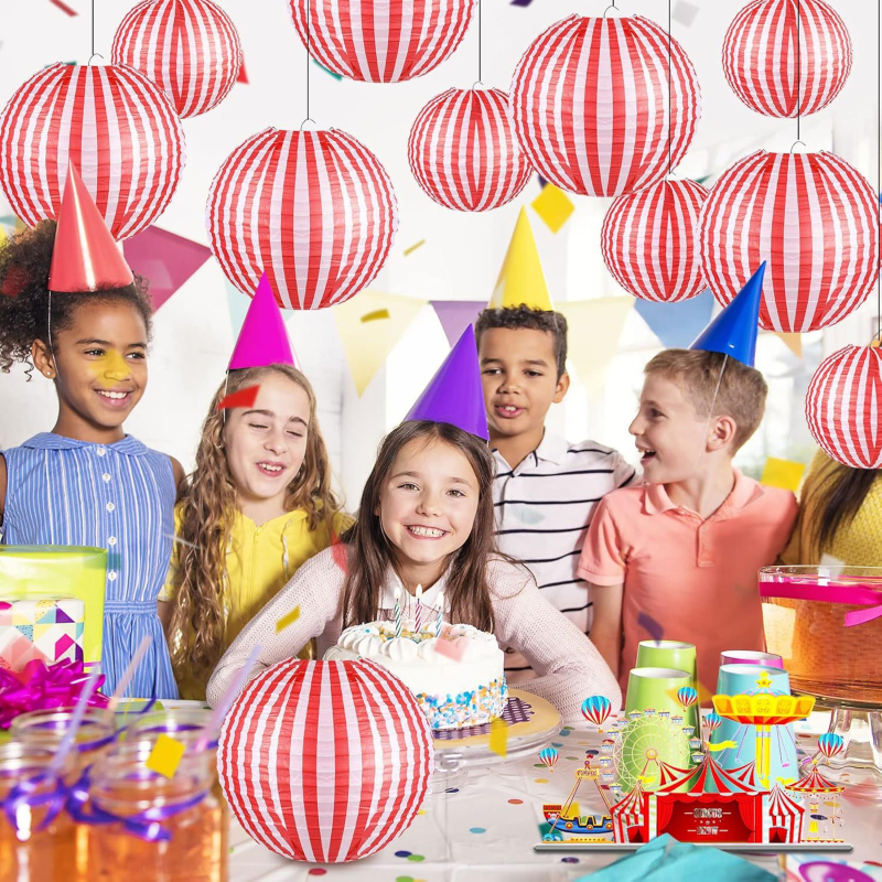 Felinar din hârtie cu dungi roșu-alb pentru carnaval, decor tematic circ, pentru petrecerea de ziua copiilor