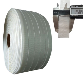 Bandă de ambalare țesută din fibre, 25 mm x 500 m, albă, filament de poliester, rezistență la tracțiune 1200 kg
