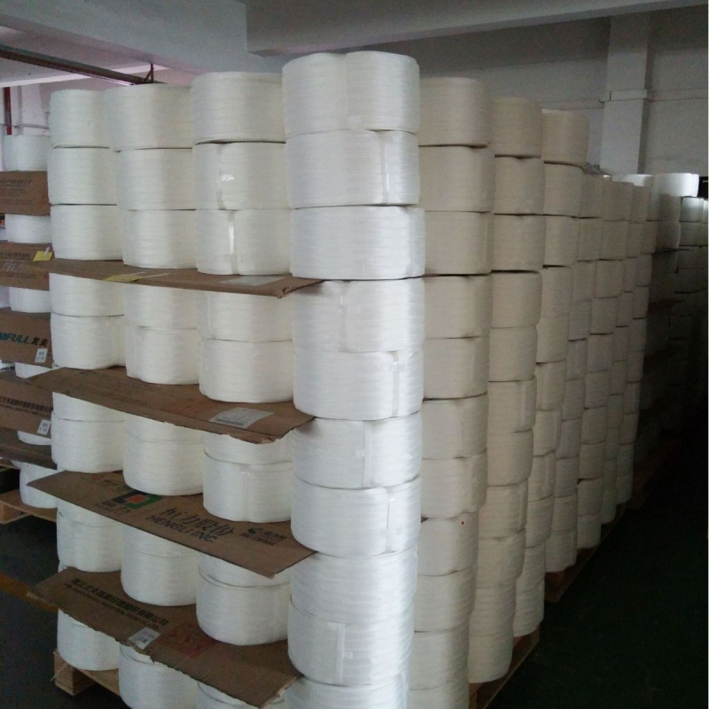 Bandă de ambalare țesută din fibre, 25 mm x 500 m, albă, filament de poliester, rezistență la tracțiune 1200 kg