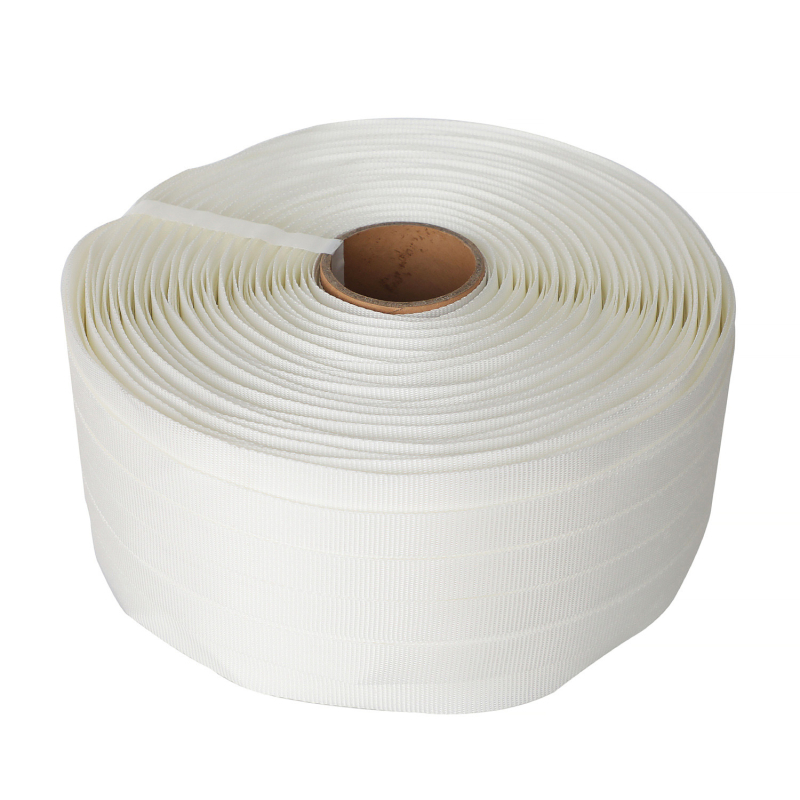 Bandă de ambalare țesută din fibre, 25 mm x 500 m, albă, filament de poliester, rezistență la tracțiune 1200 kg