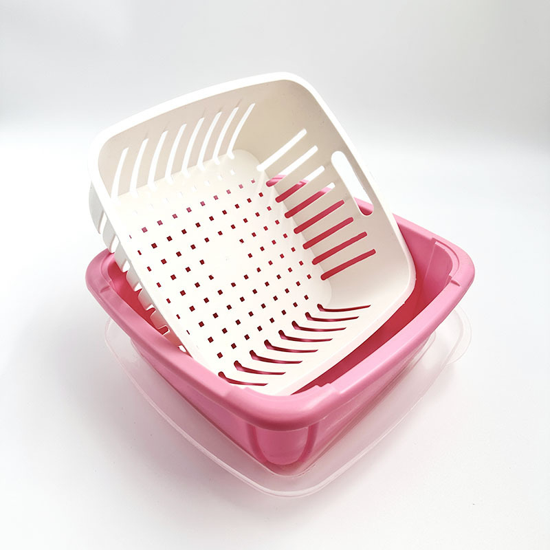Coș dublu de bucătărie cu capac pentru spălarea și scurgerea fructelor și legumelor, coș de depozitare din plastic pentru frigider, culoare personalizabilă
