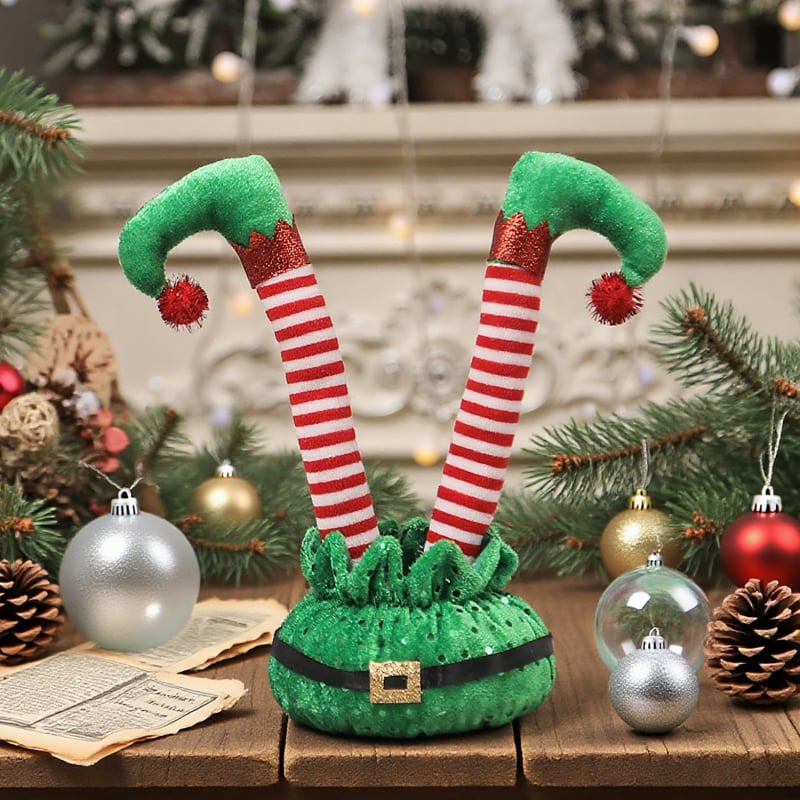 Decorațiune de Crăciun: elf desen animat cu curea roșu-alb în dungi, ornament flexibil pentru piciorul elfului