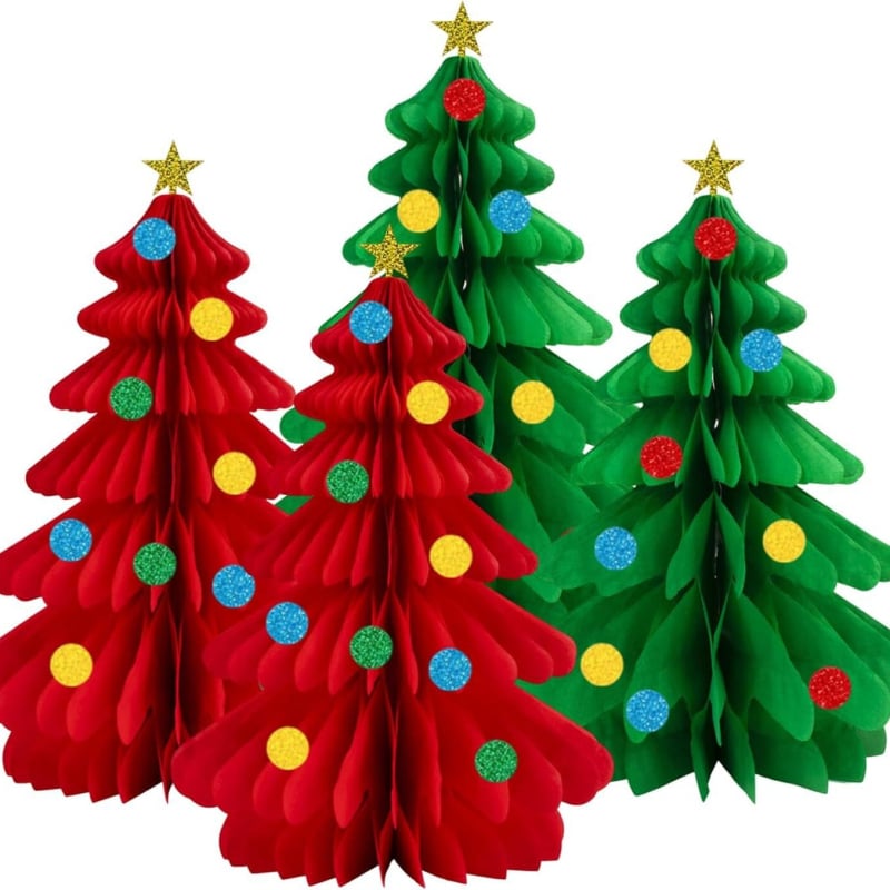 Brad din hârtie cu structură fagure – ornament de masă 3D, roșu și verde