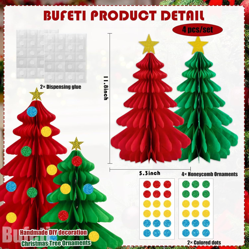 Brad din hârtie cu structură fagure – ornament de masă 3D, roșu și verde